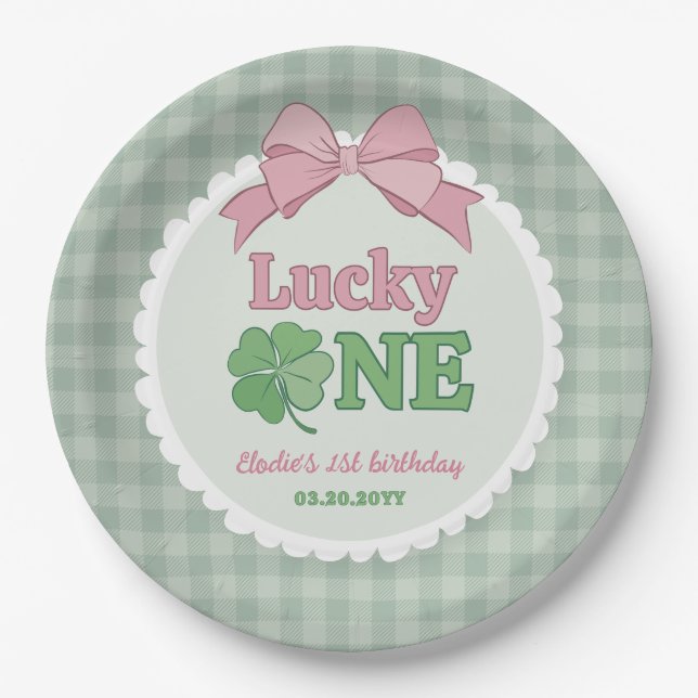 Plato De Papel Pink Bow Clover Lucky One Girl 1st Birthday (Anverso)