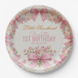 Plato De Papel Pink Bow Coquette Floral 1st Birthday Personalized