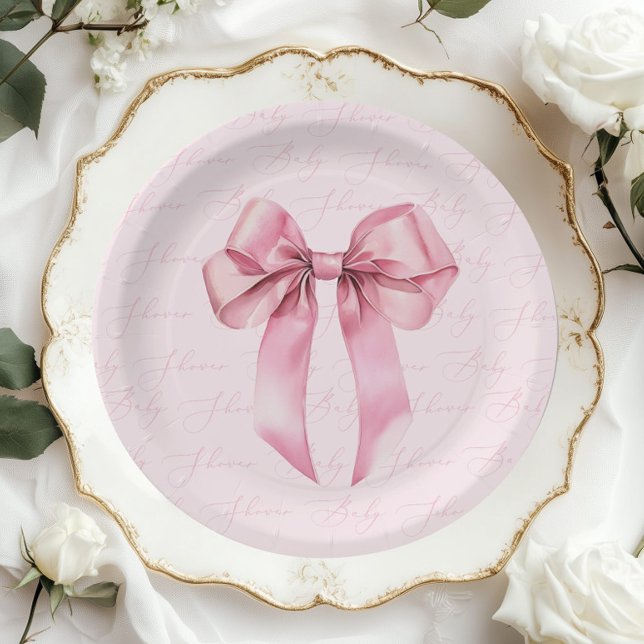 Plato De Papel Pink Bow Elegant calligraphy Baby Shower (Subido por el creador)