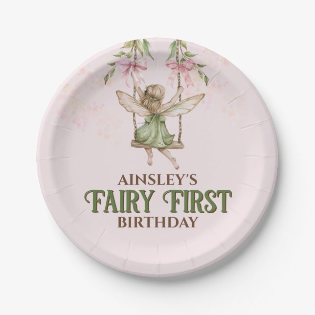 Plato De Papel Pink Bow Fairy First First Birthday Personalizado (Anverso)