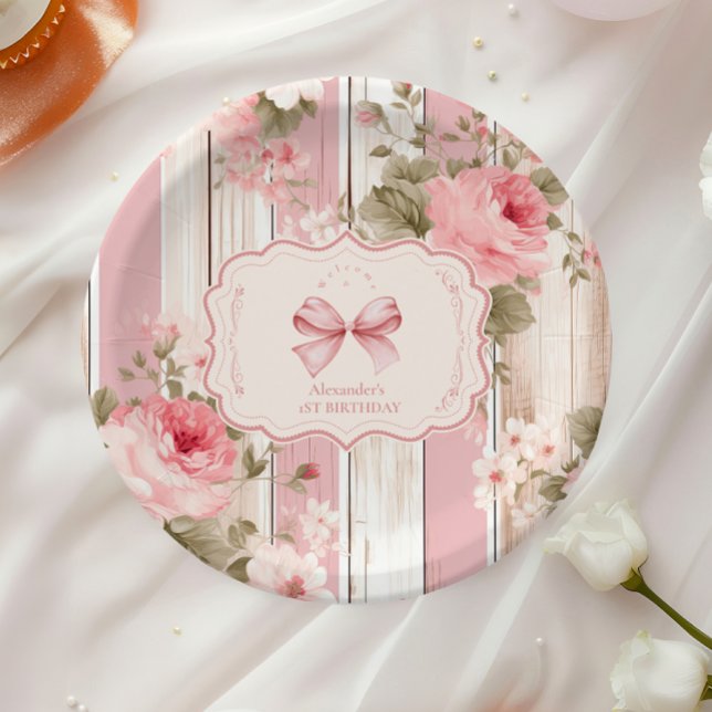Plato De Papel Pink Bow Floral Fancy ONE Chica Primer cumpleaños (Subido por el creador)
