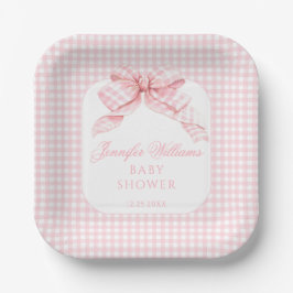 Plato De Papel Pink Bow Gingham Coquette Baby Shower