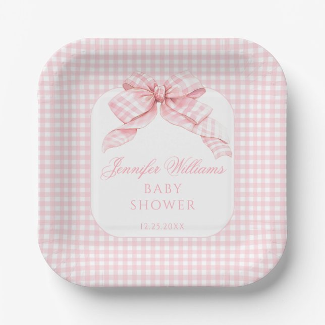 Plato De Papel Pink Bow Gingham Coquette Baby Shower (Anverso)