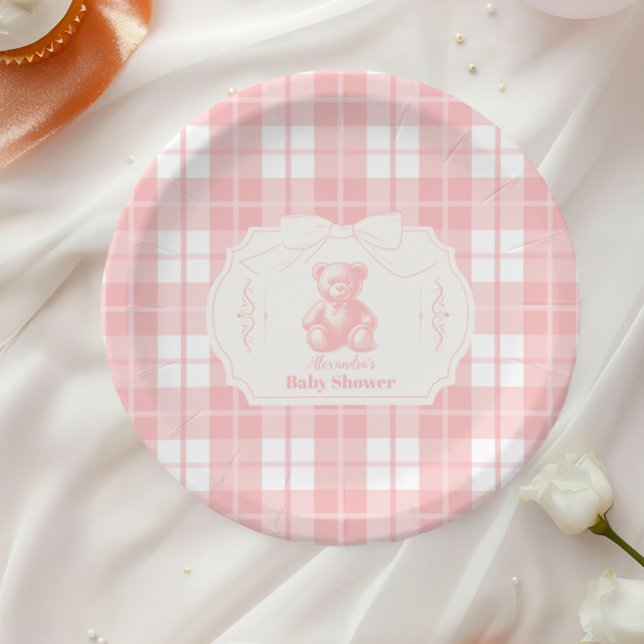 Plato De Papel Pink Bow Gingham French Teddy Bear Baby Shower (Subido por el creador)