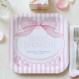 Plato De Papel Pink Bow Girl Coquette Striped Baby Shower 