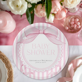 Plato De Papel Pink Bow Girl Coquette Striped Baby Shower 