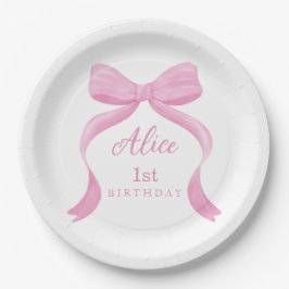 Plato De Papel Pink Bow Girl First Birthday