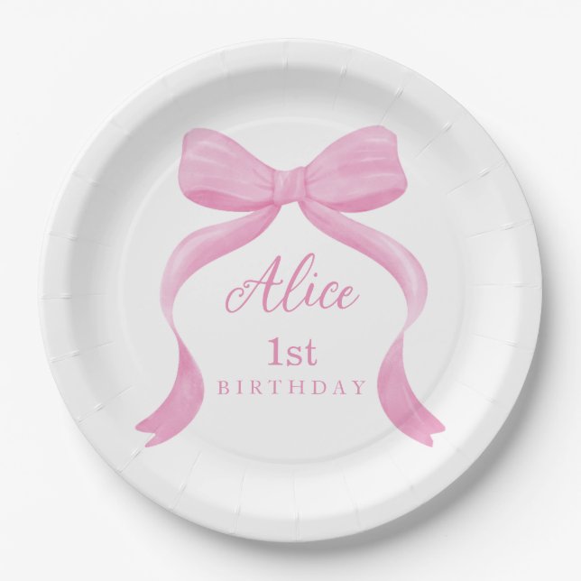 Plato De Papel Pink Bow Girl First Birthday (Anverso)