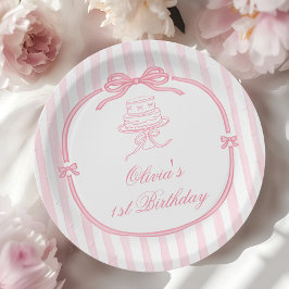 Plato De Papel Pink Bow Girl First Birthday