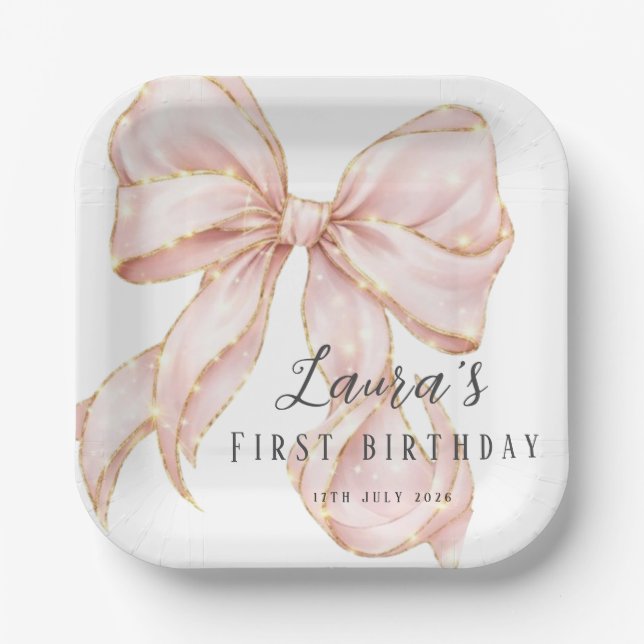 Plato De Papel Pink Bow Girl First Birthday Party  (Anverso)