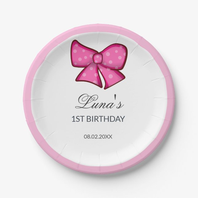 Plato De Papel Pink Bow Girl Kids 1st Birthday  (Anverso)