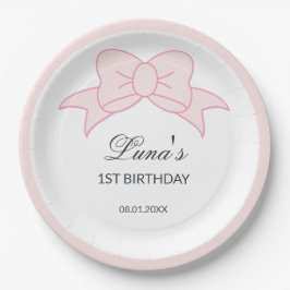 Plato De Papel Pink Bow Girl Kids 1st Birthday 