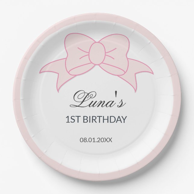 Plato De Papel Pink Bow Girl Kids 1st Birthday  (Anverso)