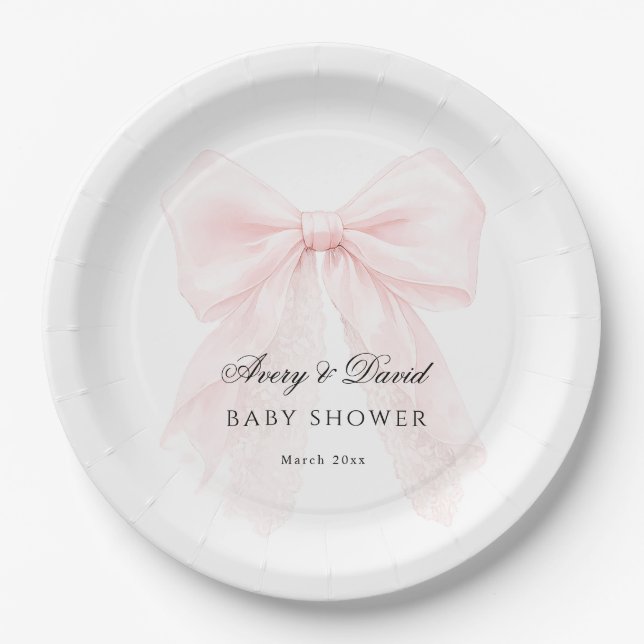 Plato De Papel Pink Bow Girl Modern Baby Shower  (Anverso)