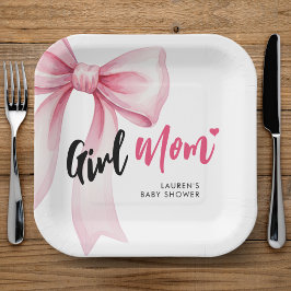 Plato De Papel Pink Bow Girl Mom Ribbon Cute Baby Shower