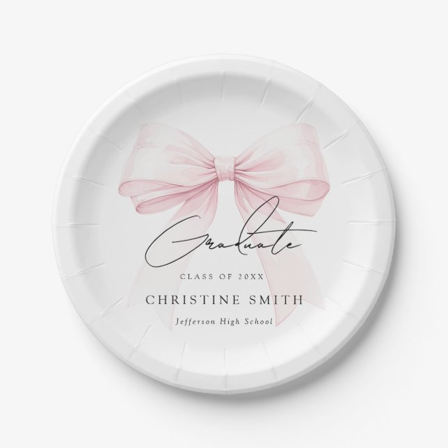 Plato De Papel Pink Bow Graduation Paper Plates (Anverso)