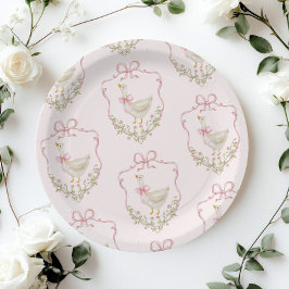 Plato De Papel Pink Bow Little Goose Escudo floral de bebé ducha