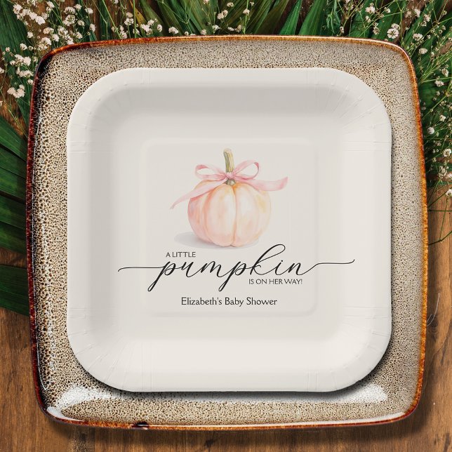 Plato De Papel Pink Bow Little Pumpkin Baby Shower (Pink Bow Little Pumpkin Girl Baby Shower Square Paper Plates)