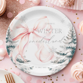 Plato De Papel Pink Bow Pine Trees Winter Onederland 1er cumpleañ