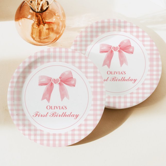 Plato De Papel Pink Bow preppy Coquette primer cumpleaños (Subido por el creador)