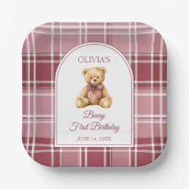 Plato De Papel Pink Bow Preppy Teddy Bear 1st Birthday