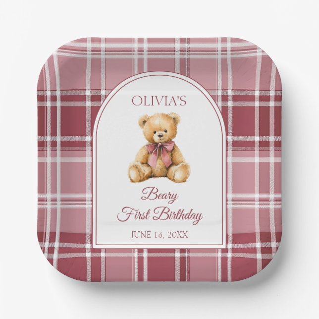 Plato De Papel Pink Bow Preppy Teddy Bear 1st Birthday (Anverso)