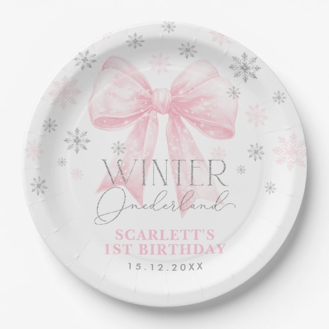 Plato De Papel Pink Bow Ribbon Silver Invierno Onederland Cumplea (Anverso)