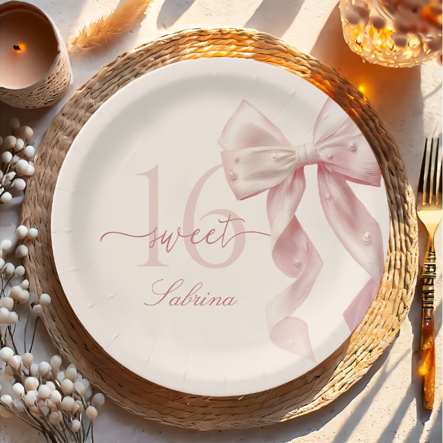 Plato De Papel Pink Bow Sweet 16 Birthday Paper Plate (Subido por el creador)