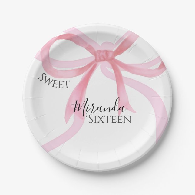 Plato De Papel Pink Bow Sweet Sixteen Birthday (Anverso)