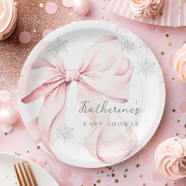 Plato De Papel Pink Bow Winter Baby Shower Party Paper Plate