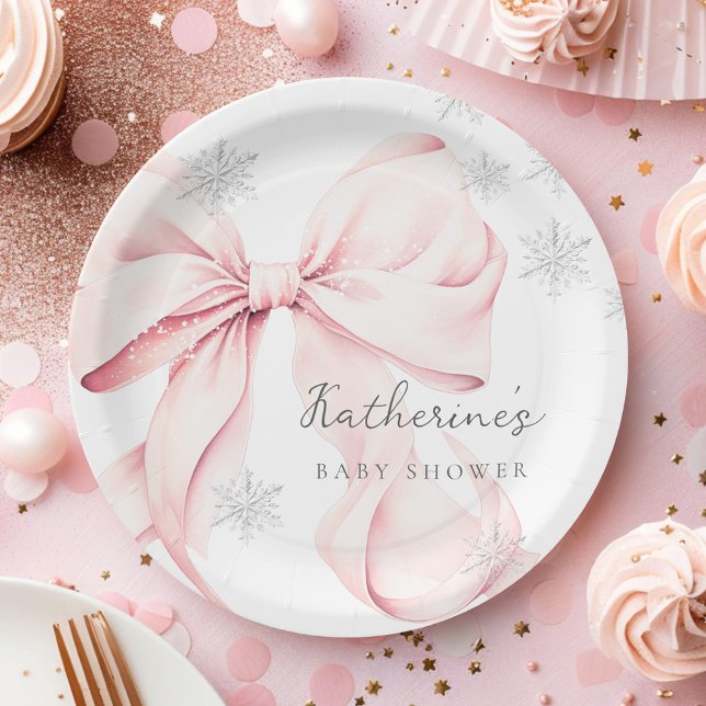 Plato De Papel Pink Bow Winter Baby Shower Party Paper Plate (Subido por el creador)