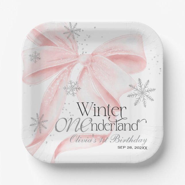Plato De Papel Pink Bow Winter Onederland 1st Birthday (Anverso)