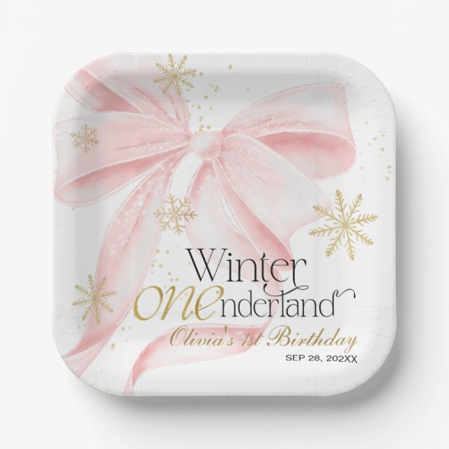 Plato De Papel Pink Bow Winter Onederland 1st Birthday (Anverso)