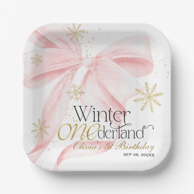 Plato De Papel Pink Bow Winter Onederland 1st Birthday (Anverso)