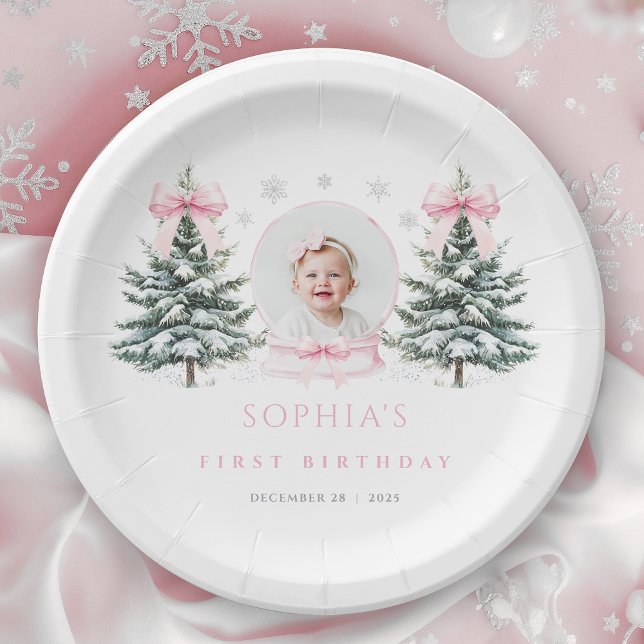 Plato De Papel Pink Bow Winter Onederland First Birthday (Subido por el creador)
