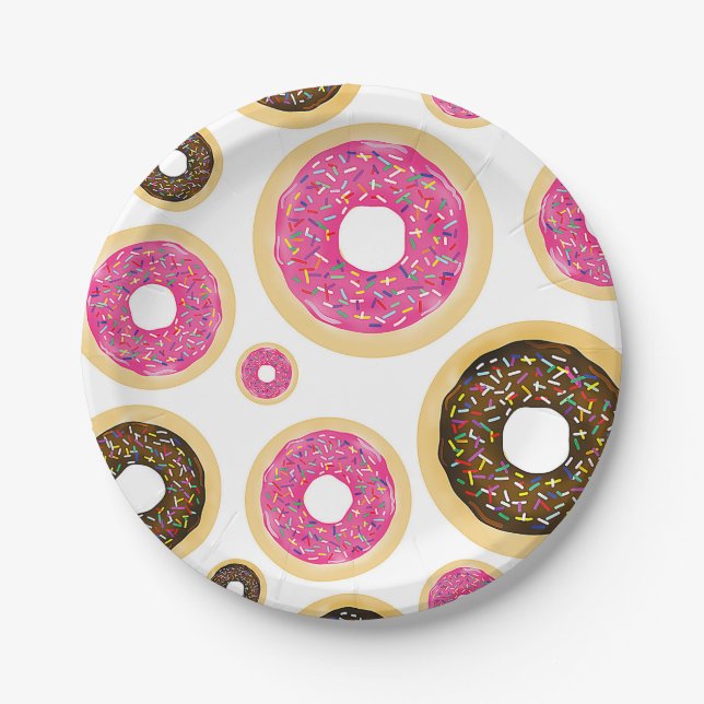 Plato De Papel Pink & Brown Sprinkle Donuts Modern Birthday Party (Anverso)
