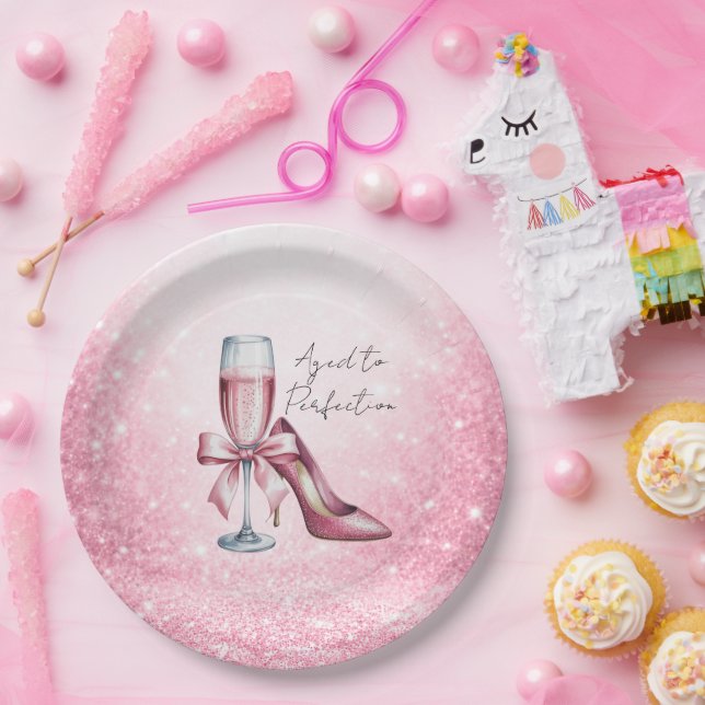 Plato De Papel Pink Champagne Glass Aged To Perfection Birthday (Fiesta)