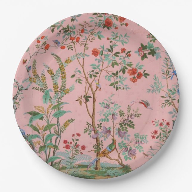 Plato De Papel Pink Chinoiserie Bird Floral (Anverso)