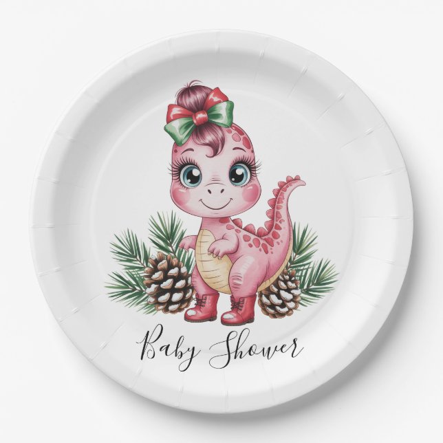 Plato De Papel Pink Christmas Dino Girl Baby Shower (Anverso)