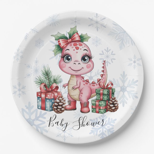 Plato De Papel Pink Christmas Dino Girl Baby Shower (Anverso)