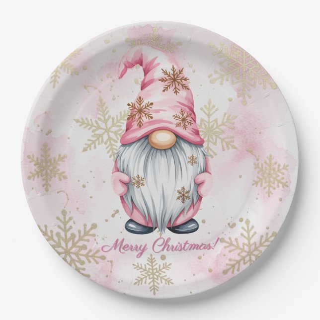 Plato De Papel Pink Christmas Gnome Gold Snowflakes (Anverso)