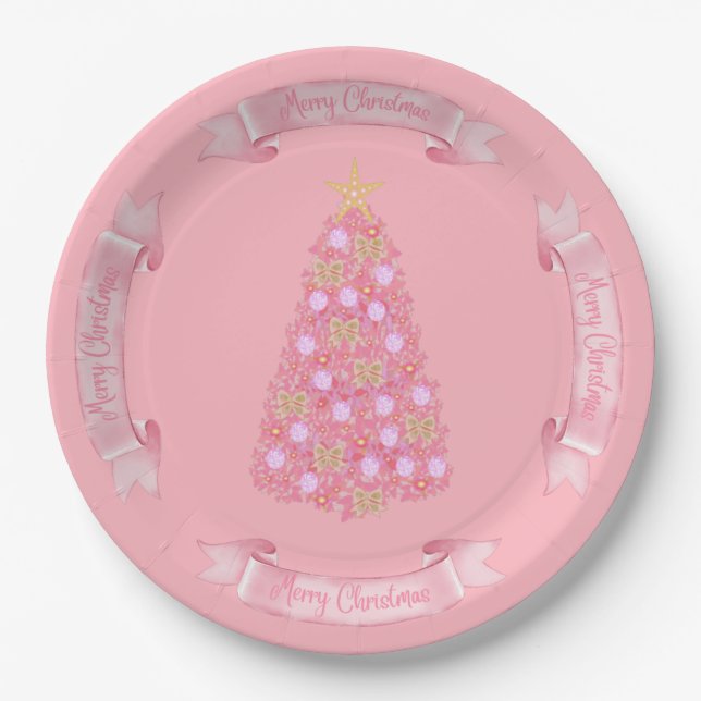 Plato De Papel Pink Christmas Tree Paper Plate (Anverso)