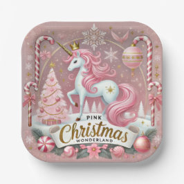 Plato De Papel Pink Christmas Wonderland Unicorn