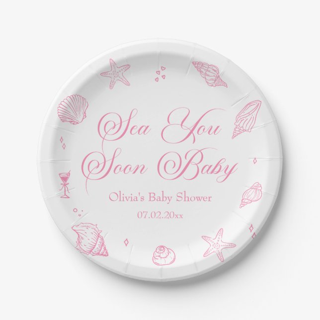 Plato De Papel Pink Coastal Baby Shower Sea You Soon Baby (Anverso)