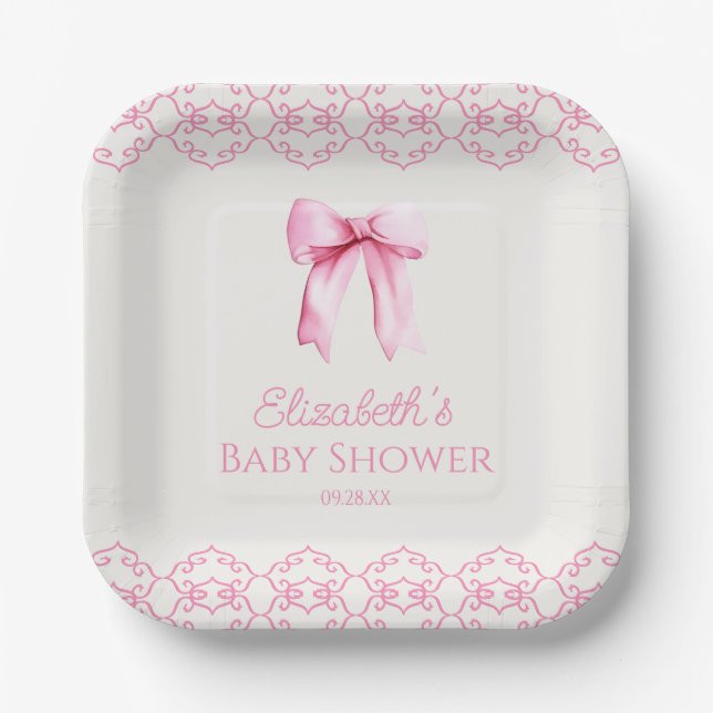 Plato De Papel Pink Coquette Bow Baby Shower (Anverso)