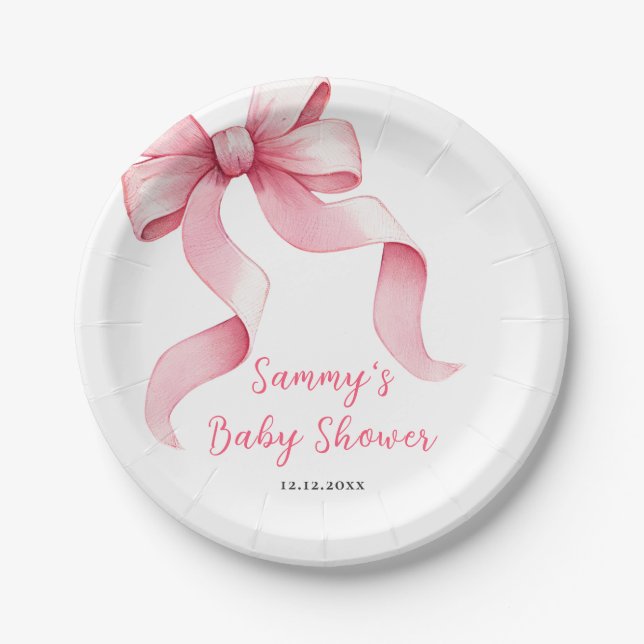 Plato De Papel Pink Coquette Bow Baby Shower (Anverso)
