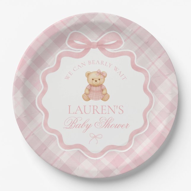 Plato De Papel Pink Coquette Bow Bear Plaid Baby Shower  (Anverso)