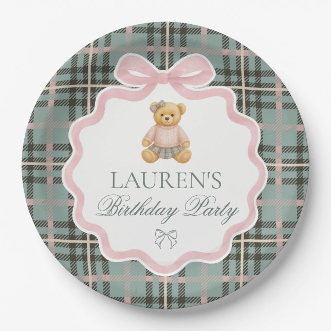 Plato De Papel Pink Coquette Bow Bear Plaid Birthday  (Anverso)