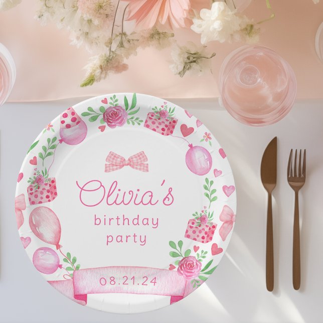 Plato De Papel Pink Coquette Bow Preppy Chica Cumpleaños (birthday bow pink coquette paper plate)