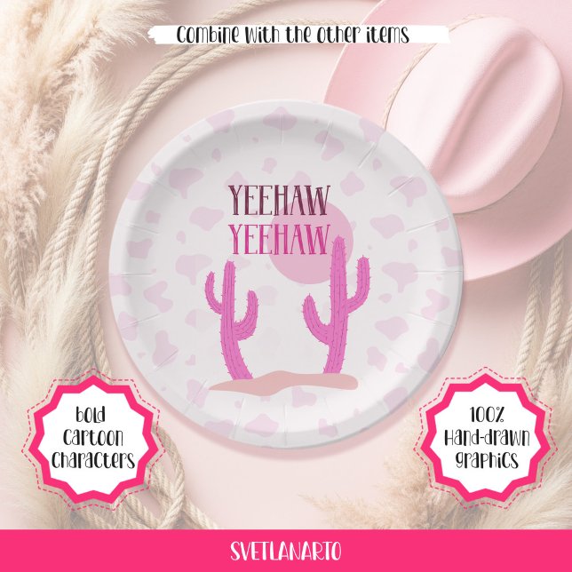 Plato De Papel Pink Cowgirl Cacti Landscape Western Paper Plate (Frontal view)